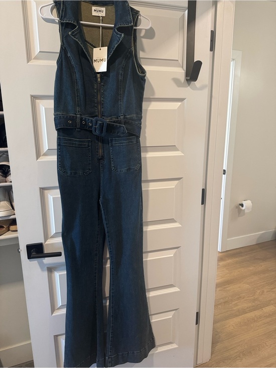 Show Me Your MuMu Denim - Show Me Your MuMu Dark Blue Denim Wide-Leg Jacksonville Jumpsuit with Belt.